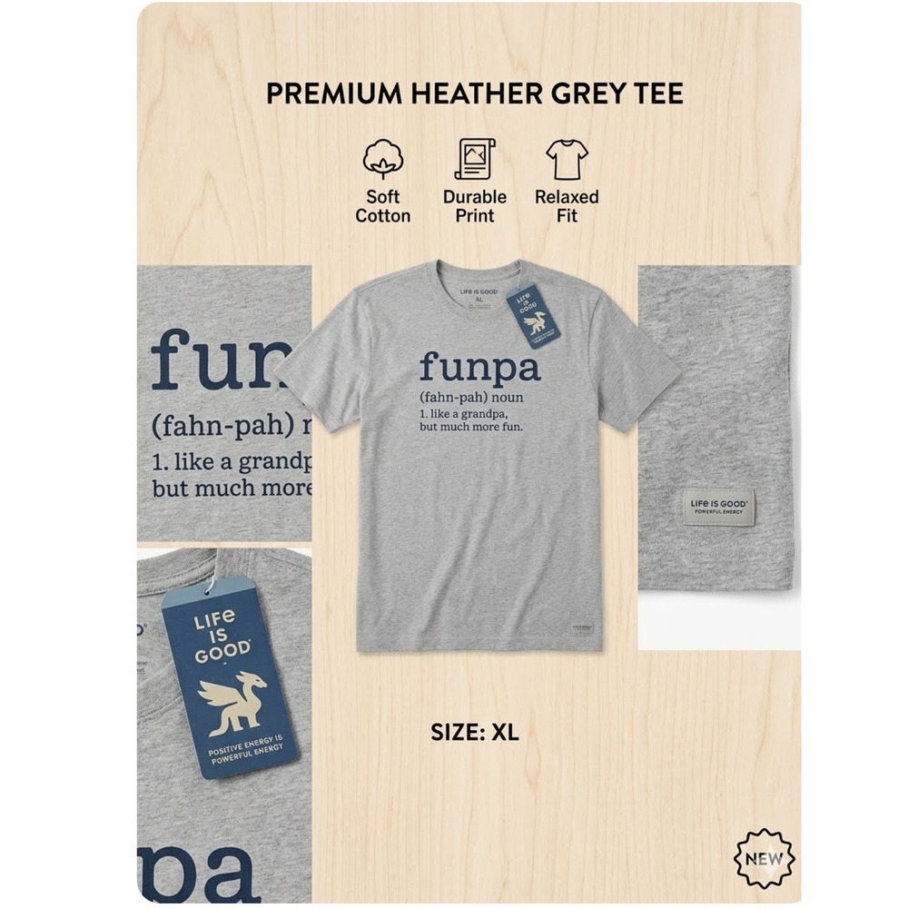 Life is Good Mens Funpa Definition Crusher Tee Heather Grey XL NWT